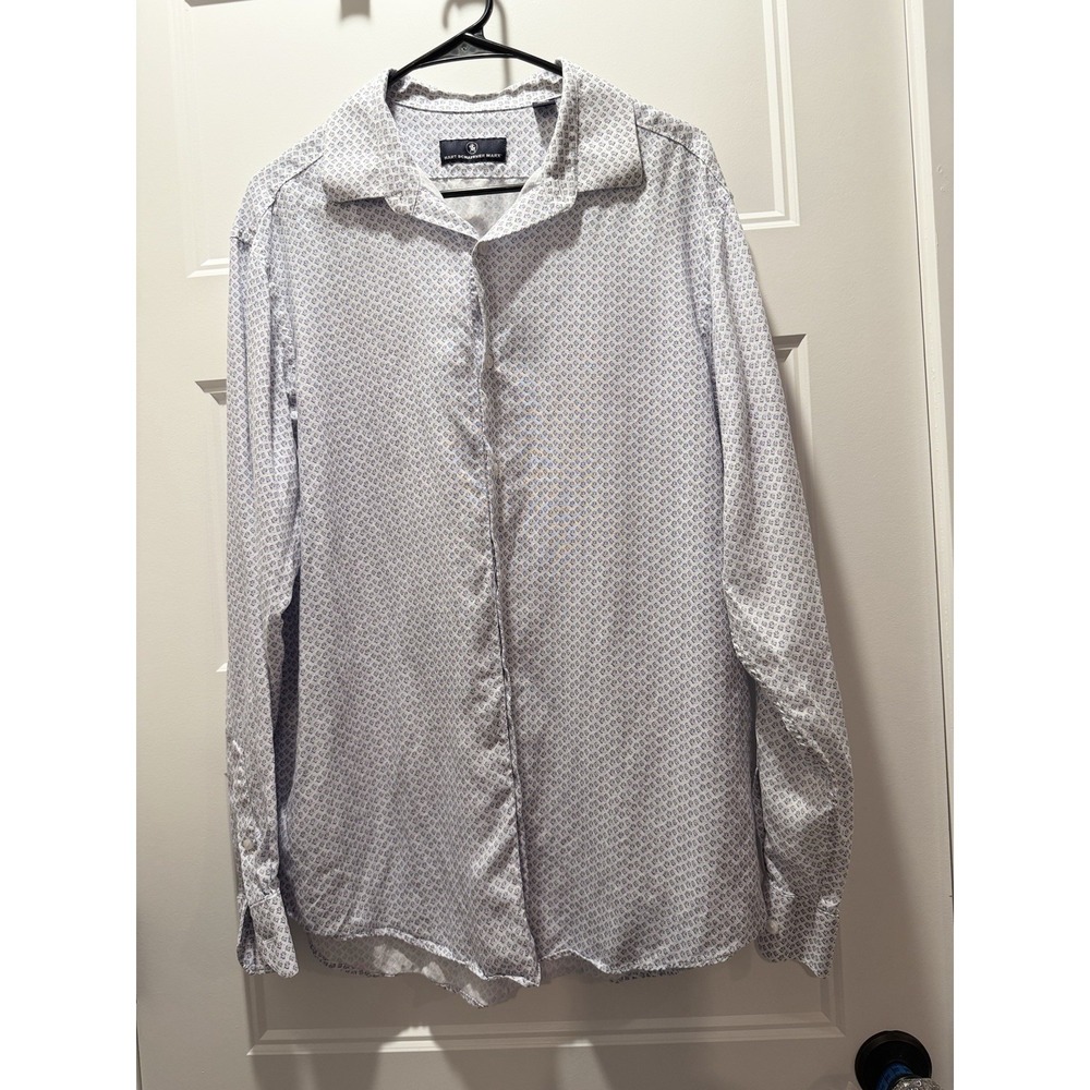Hart Schaffner Marx Shirt Men's Large Blue Pattern Linen Blend Long Sleeve